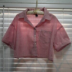 SHEIN red and white striped short sleeve crop top w/collar; Size L